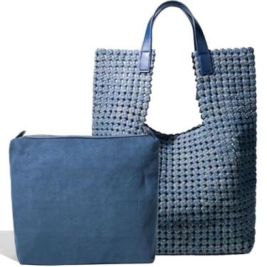 Imagem de JINMANXUE Bolsa feminina de couro acetinado, bolsa vazada, conjunto de 2 peças, bolsa de ombro feminina, bolsa de compras moderna, Jeans azul