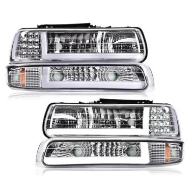 Imagem de PIT66 Conjunto de faróis LED DRL, compatível com Chevy Silverado 1999-2002 /Fit 00-06 Tahoe Faróis Suburbanos Lente Transparente Cromada Refletor Âmbar Faros Delanteros