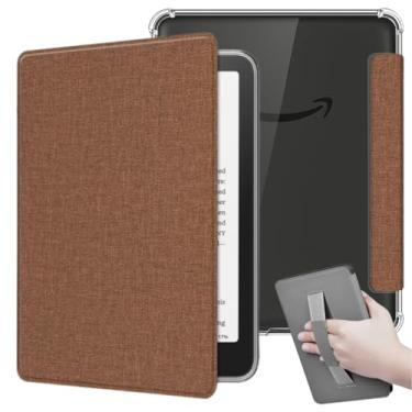 Imagem de Capa de Tecido Para Kindle Paperwhite 12ª Geração 7” (SA569P e SA568B) e Kindle Colorsoft (SA58CB e SA59CP) Auto Hibernação – Fechamento Magnético – Traseira Transparente e Alça de Suporte (Marrom)