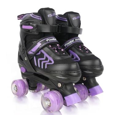 Imagem de Patins infantis para meninas de 5 a 8 anos, 6 a 12 anos, ajustáveis, 4 tamanhos, quadriciclo, para meninas, para iniciantes, preto e roxo