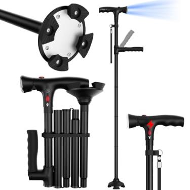 Imagem de Bengala dobrável com luz LED, bengalas ajustáveis e bengalas para idosos, bengala de caminhada para adultos, bengala para idosos com alça em T acolchoada e quatro pedestal giratório