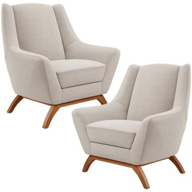 Imagem de Kit 02 Poltronas Decorativa Fixa Base de Madeira Castanho Juliet D02 Bouclê Creme B-54 - Lyam Decor