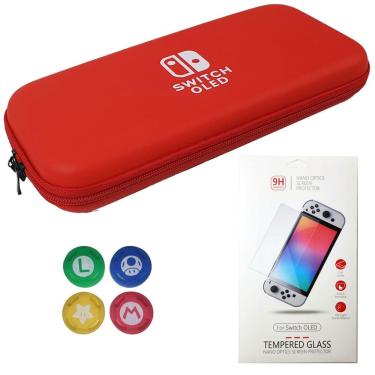 Imagem de Case Nintendo Switch Oled Vermelho+ 4 Grips + Película Vidro