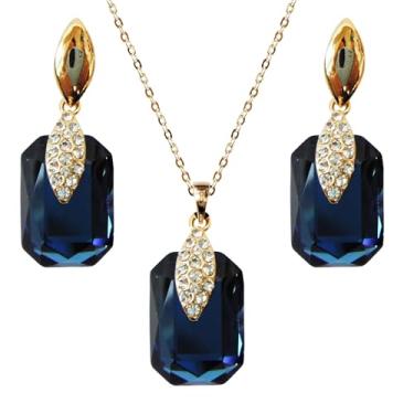 Imagem de Navachi Conjunto de joias Az4020-1 Brincos pendentes de zircão em formato quadrado multicolorido banhado a ouro 18k e pingente de colar, Metal Pedra, Zircônia cúbica