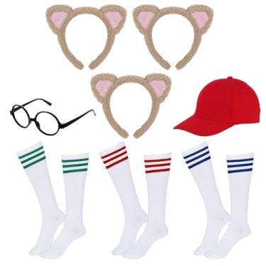 Imagem de Yolyoo Conjunto de 8 peças de fantasias de esquilos inclui 3 tiaras de cabeça, 3 vestidos de tutu, 3 meias até o joelho e 1 óculos de armação redonda preta para cosplay de Halloween