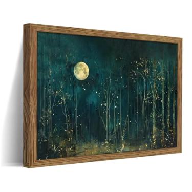 Imagem de Arte de parede vintage da floresta da lua, pinturas de decoração de parede em tela de paisagem de natureza verde escuro, céu noturno, pôsteres impressos, imagens para quarto, sala de estar, decoração