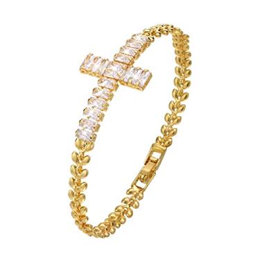 Imagem de Rockyu Pulseira feminina de aço inoxidável dourado com pedras de zircônia cúbica 35 mm/1,38" design cruzado 21 mm/0,83" com fecho para uso elegante e religioso