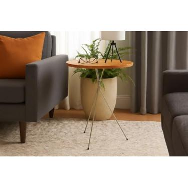 Imagem de Mesa Lateral Redonda Bistrô Pé Palito Apoio Sofá Decoração 45 x 45cm Nozes/Champagne
