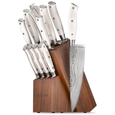 Imagem de Conjunto de Facas em Aço Inoxidável com Afiador Embutido e Bloco de Bancada 12 Peças, YATOSHI KNIVES, Branco