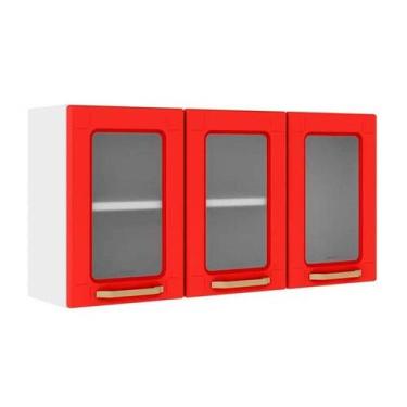 Imagem de Armário Aéreo p/ Cozinha Colors 6010 3 Portas c/Vidro Branco/Vermelho 