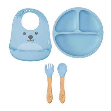 Imagem de Kit Buba Pratinho Talheres Silicone + Babador Gumy Migalhas, Azul