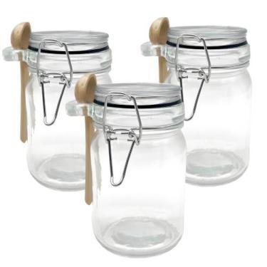 Imagem de Kit 3 Pote Hermético De Vidro Com Trava e Colher de Bambu Redondo 280m
