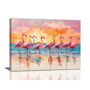 Imagem de Arte de parede em tela Pink Flamingo Tropical Sunrise 40x30cm - Fuzawe