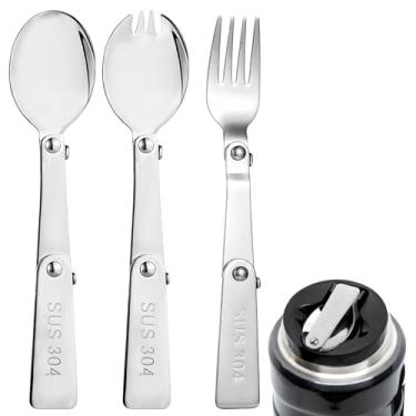 Imagem de Colher de aço inoxidável, garfo de aço inoxidável e garfo de aço inoxidável, garfo de colher dobrável isolada, pequeno utensílio portátil dobrável compatível com Thermos Funtainer Pote de comida de