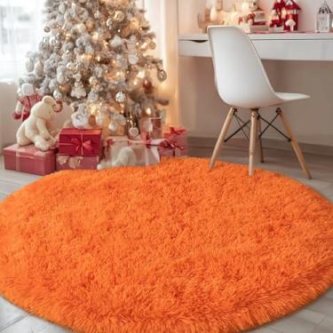 Imagem de Tapete redondo laranja para quarto, tapetes circulares de 1,2 m para sala de estar, tapete felpudo macio para adolescentes, meninas, meninos, berçário, dormitório, decoração de casa, estética