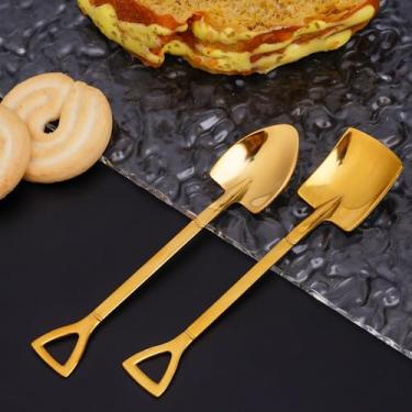 Imagem de Conjunto de 2 colheres de sobremesa de aço inoxidável, 12 cm com design exclusivo em forma de pá, colher pequena para cozinha ou restaurante (ouro)