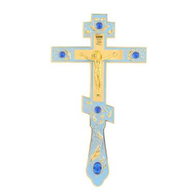 Imagem de RZRHMUHN Cruz de bênção ortodoxa de 26 cm, cruz de mão ortodoxa, crucifixo bizantino de metal, presente de fé para padre, coleção de arte religiosa, decoração de casa (azul claro)