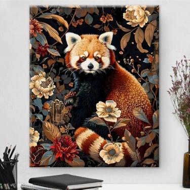 Imagem de Arte de parede botânica de guaxinim vintage emoldurada - Decoração de parede com flores escuras Academia para sala de estar quarto casa 20 x 25 cm