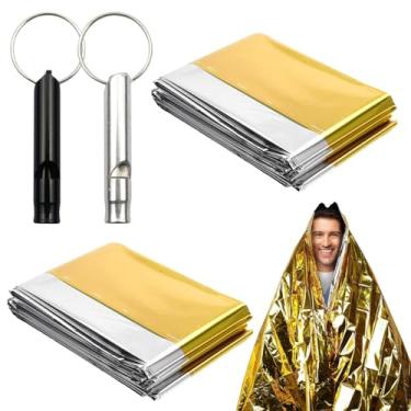 Imagem de Cobertor de emergência de 2 peças e apito de sobrevivência de 2 peças, cobertor de primeiros socorros, cobertor de emergência perfeito para caminhadas ao ar livre e sobrevivência (210 × 160 cm) (prata