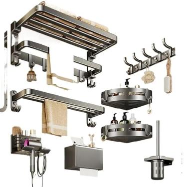 Imagem de Kit 6 Prateleiras de Banheiro em Alumínio com Porta Shampoo e Toalheiro – Suporte Organizador Multiuso de Parede sem Furo, Design Moderno e Resistente(Kit 5)