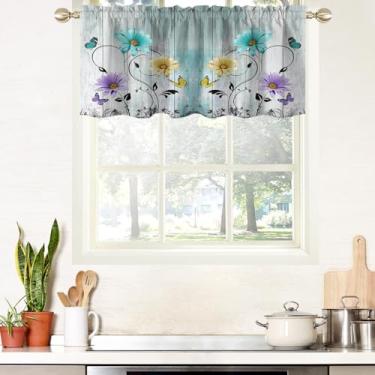 Imagem de AAtter Cortina floral de cozinha para janela flor colorida borboleta rústica margarida pequena pequena sala de estar quarto banheiro bolso varão tecido drapeado 1 painel, 132 cm L x 45,7 cm C, retrô