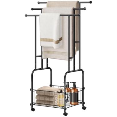Imagem de Toalheiro independente para banheiro, suporte de metal preto durável de 3 camadas com rodas e cesta, escorredor de toalhas, suporte de cobertor multiuso para banheiro interno/externo