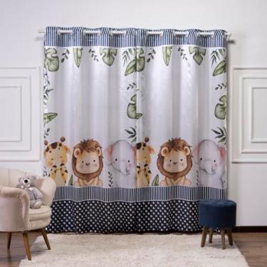 Imagem de Cortina Infantil 3,00x2,20 Estampada Tecido Cetim (Safari Baby Marinho)