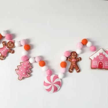 Imagem de Doumeny Faixa de feltro de Natal 3D rosa de Natal homem de gengibre para casa de doces guirlanda de árvore de Natal guirlanda de feltro guirlanda de natal bola de pompom banner de festa de inverno
