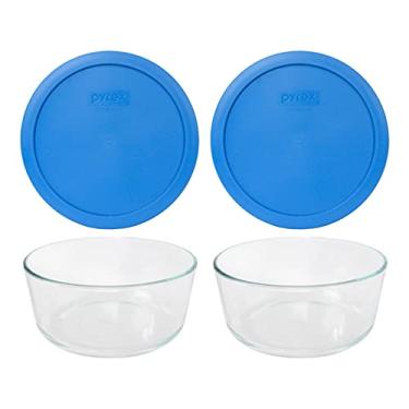 Imagem de Pyrex (2 tigelas de vidro 7203 7 xícaras e (2) tampa azul marinho 7402-PC 6/7 xícaras, feita nos EUA