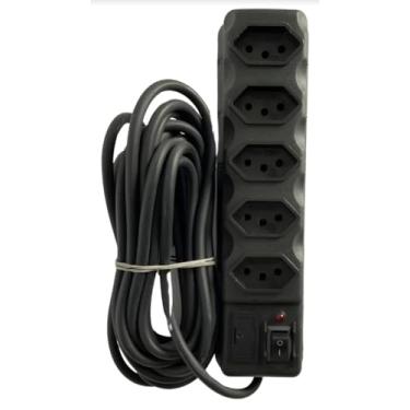Imagem de Régua de Tomadas com 5 Entradas, Cabo de 5 Metros, Preto, Interruptor Liga/Desliga, Proteção contra Sobrecarga