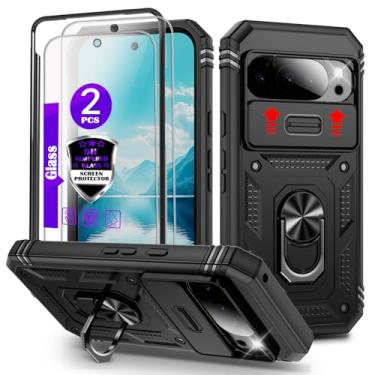 Imagem de Capa para Pixel 10/10 Pro com controle deslizante para câmera, 2 películas de vidro temperado, suporte de anel giratório de 360°, capa protetora de grau militar para Google Pixel 10/10 Pro 6,3