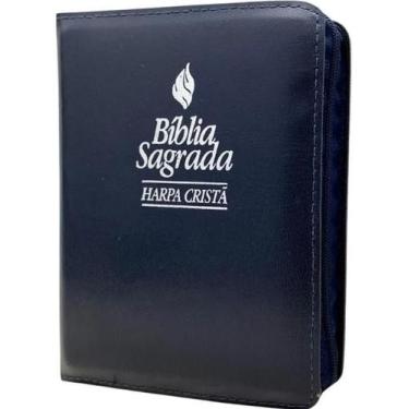 Imagem de Bíblia sagrada  pequena  harpa cristã  zíper e índice  arc  capa azul 