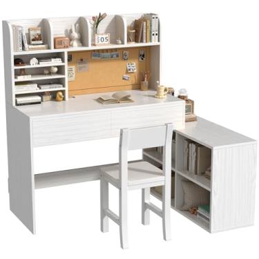 Imagem de SFDOU Wooden White Kids Study Desk and Chair Set, 2 Drawers and 4 Large Storage Cabinets, Children Corner Desk with 4 Open Hutch and Shelves, Girls Study Desks for Kids Bedroom