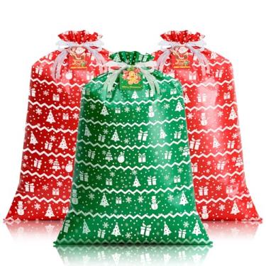 Imagem de LIMUIKA Sacos grandes de presente de Natal, 3 peças, 111 x 91 cm, sacos de presente de plástico jumbo extragrandes para presentes gigantes grandes de Natal, saco de Papai Noel com etiqueta e gravata