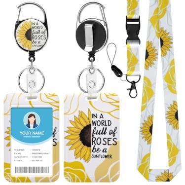 Imagem de Soleebee Cordão de girassol amarelo para crachás de identificação, lindo suporte de crachá de identificação e cordão destacável, chaveiro retrátil, carretel de crachá resistente com clipe mosquetão