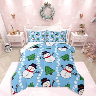 Imagem de jejeloiu Conjunto de edredom de Natal, tamanho casal, boneco de neve, para crianças, meninos, meninas, árvore de Natal, decoração de quarto de microfibra, 3 peças com 2 fronhas
