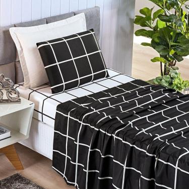Imagem de Jogo De Lençol Minimalista Solteiro 3 Peças Percal 200 Fios Quadriculado - Preto - 100% Poliéster