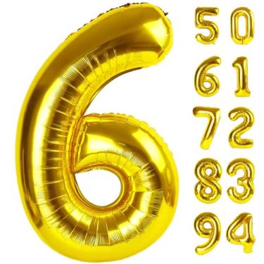 Imagem de Balão dourado 6, balão número 101 cm, artigos de festa dourados e pretos 6º balões para aniversário, balão de 6 anos, balão número 6