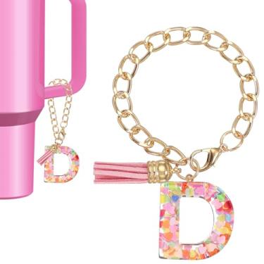 Imagem de Berloque de letras para copo Stanley, lindo pingente inicial D acessórios para chaveiro Stanley Tumbler Handle chaveiro personalizado para mulheres, rosa