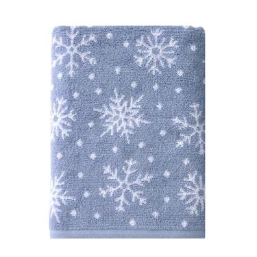 Imagem de SKL Home Toalha de banho premium de flocos de neve dispersos de Natal/inverno, 100% algodão, 500 g/m², macia e absorvente, jacquard reversível, decorativa, azul/branco