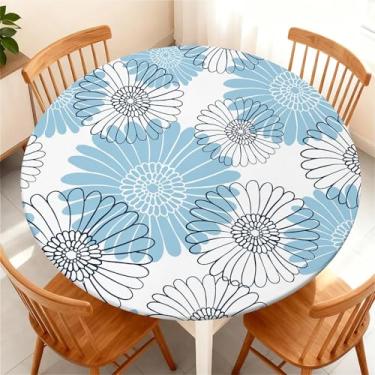 Imagem de COTAIL Toalha de mesa redonda à prova d'água com borda elástica, capa de mesa redonda ajustável e limpa para mesas de verão de até 114 a 122 cm para festas de piquenique na cozinha, azul e branco