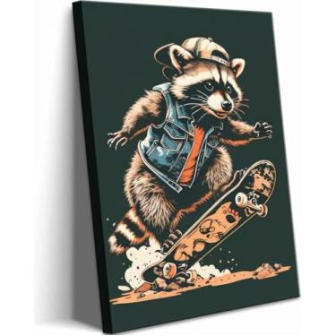 Imagem de Arte de parede engraçada em tela de guaxinim para skate fofo e divertido grafite animal decoração de parede imagem descolada legal guaxinim para sala de jogos infantil menino quarto decoração de casa