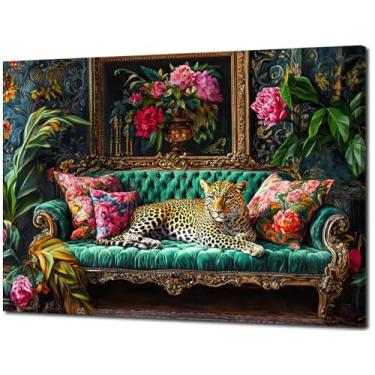 Imagem de Cheetah Lying On Vintage Sofa Canvas Wall Art Eclético Leopardo Decoração de Parede Imagens Dopamine Animal Retrato Impressões para Sala de Estar Casa Quarto Decoração de Casa 40 x 61 cm Pronto para