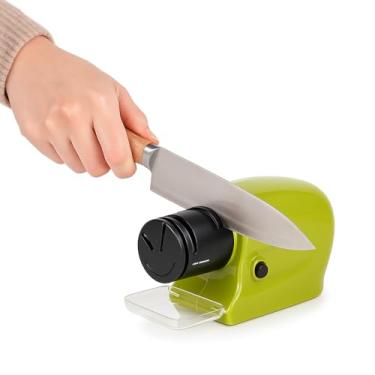 Imagem de Genérico Afiador Manual de Facas e Tesouras, Aço Inoxidável, Verde, Portátil, com Base Antiderrapante, Alimentação Manual, 20 x 10 x 10 cm