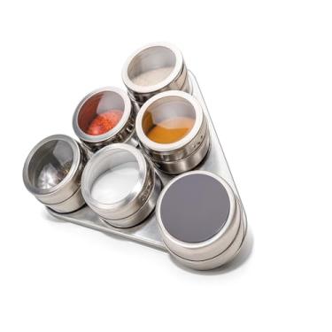 Imagem de Conjunto Organizador de Temperos Triangular, 6 Potes Magnéticos com Base, Metal e Vidro, Preto Fosco, Suporte de Mesa, 35x30x30 cm, Estilo Moderno Industrial