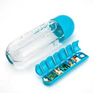 Imagem de Garrafa para Academia Fitness de Água com Porta Comprimidos 600ML Lembrete de Comprimidos (Azul)
