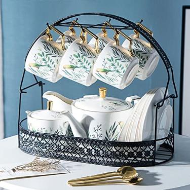 Imagem de Conjunto de 6 xícaras de chá vintage e pires de cerâmica para café, chá com padrão de papagaio e plantas verdes com creme e açucareiro