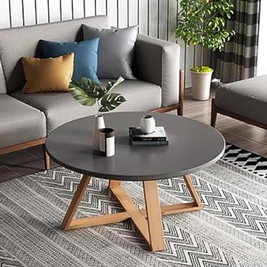 Imagem de Mesa de centro redonda de madeira maciça para sala de estar, estilo nórdico, casa de fazenda, mesa lateral de madeira com acabamento branco (cinza 50 cm)