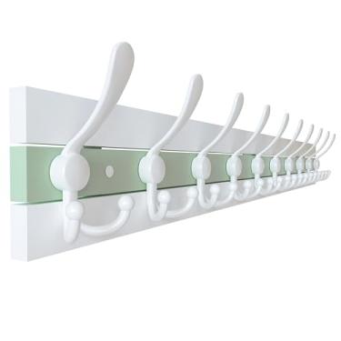 Imagem de SKOLOO Cabide de parede costeiro – Gancho de madeira para entrada de casa de praia de 96 cm com 10 ganchos para pendurar casacos, chapéus ou toalhas, coleção de cabanas à beira-mar, branco e verde