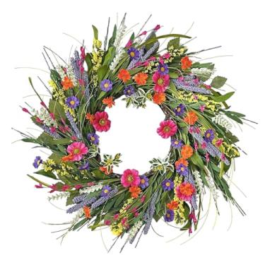 Imagem de Guirlanda de mola para porta da frente guirlanda de flores artificiais de 56 cm para pendurar em ambientes internos e externos, decoração de janela de parede externa